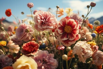 Floral Symphony: Vibrant field of mixed flowers basking in sunlight, symbolizing growth and natural beauty.