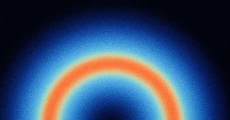 Abstract grainy background glowing color gradient blue orange red vibrant circle ring frame noise texture black banner, poster design