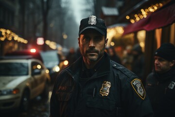 Determined Police Officer in Urban Night Scene