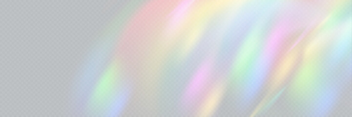 Rainbow light prism effect, transparent background. Hologram reflection, crystal flare leak shadow overlay. Vector illustration of abstract blurred iridescent light backdrop. - obrazy, fototapety, plakaty