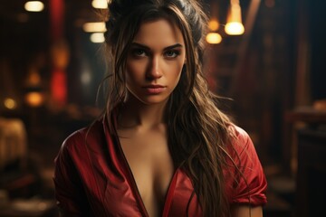 Mysterious Beauty in Red: A woman in red exudes a mysterious allure, her focused expression hinting at a story untold in an ambient setting.portrait of a person