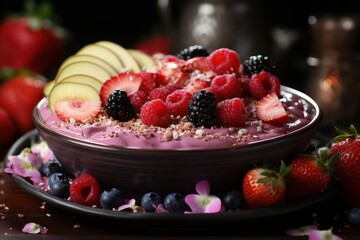 Gourmet Berry Smoothie Bowl: A colorful and healthy berry smoothie bowl garnished with fruits, presenting a vibrant and nutritious meal.