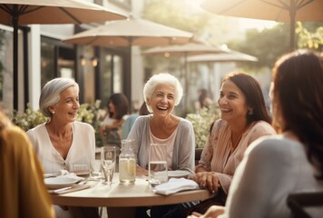 Three Women Laughing at an Outdoor Cafe Generative AI
