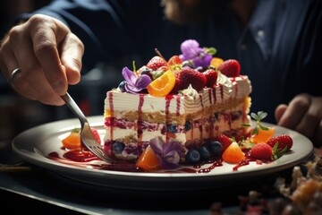 Decadent Dessert Delight: A person savors a layered fruit cake, symbolizing indulgence and the art of gourmet patisserie.