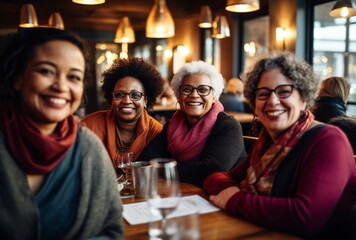 Four Women Smiling and Laughing at a Restaurant Generative AI