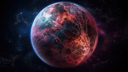  a close up of a red and blue planet in a space filled with stars and a star dusty background.