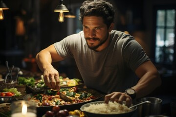 Focused Man Cooking in Cozy Kitchen