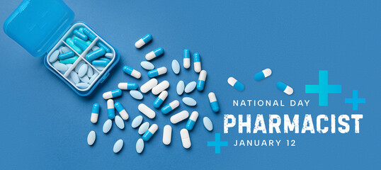 Banner for National Pharmacist Day with container and pills - obrazy, fototapety, plakaty