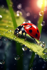 Fototapeta premium a mesmerizing close-up of a vibrant ladybug perched delicately on a dew-covered leaf created with Generative Ai