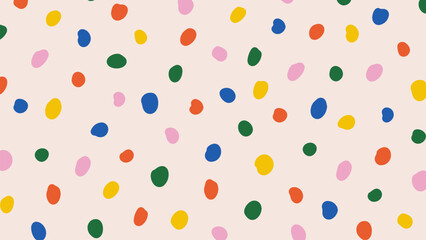 Colorful polka dot abstract pattern on beige background. Contemporary childish doodle design. Vector circle confetti backdrop. Fun simple festive banner template - obrazy, fototapety, plakaty