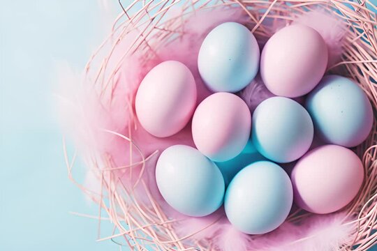 Pastel-colored eggs nestled in a nest with soft pink feathers on a light blue background.
