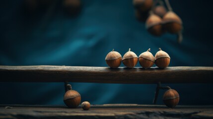  a group of acorns sitting on top of a piece of wood in front of a dark blue background.
