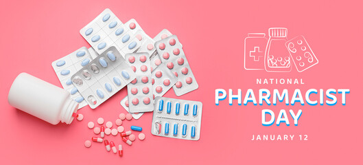 Banner for National Pharmacist Day with many pills