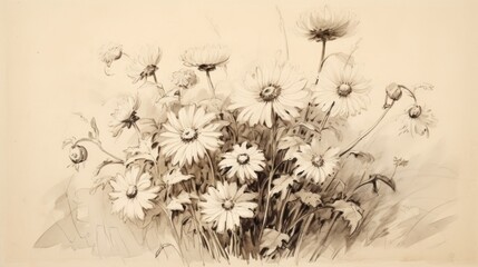  a drawing of a bunch of daisies in a vase on a table next to a vase with flowers in it.