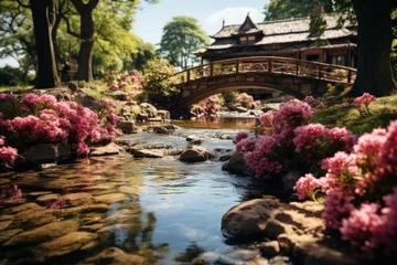 Keuken spatwand met foto "Idyllic Japanese garden bridge over a koi pond, surrounded by blooming azaleas, peaceful and serene." © ZenOcean_DigitalArts