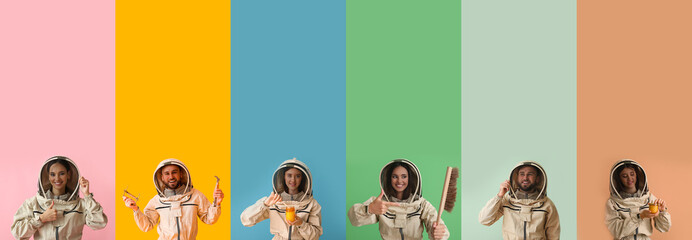 Set of beekeepers in protective suits on color background