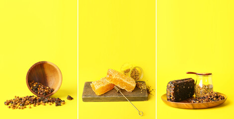 Collage of bee products on yellow background