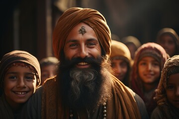 Cultural Smile: Happy man with traditional turban surrounded by children, cultural joy, community, and warmth.