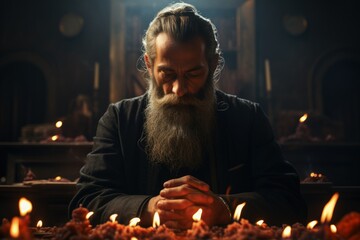 Obraz premium Meditative Prayer: Man in deep meditation among candles, spiritual devotion, peaceful prayer, serene religious practice.