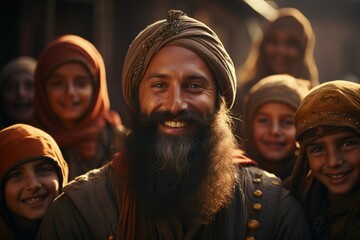 Joyful Cultural Gathering: Beaming man with group, shared happiness, traditional attire, cultural pride, familial warmth.