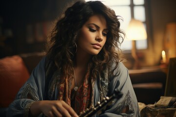 Reflective Woman with Musical Instrument