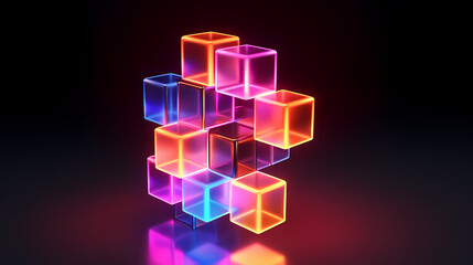 Colorful 3D Cubes on Dark Gradient Background. Abstract Geometric Composition with Rainbow Reflections