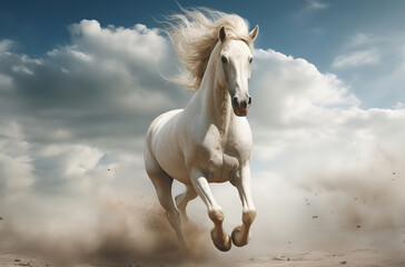 Obraz na płótnie Canvas elegance wild white horse running with dust blow in windy wasteland landscape, powerful healthy white horse, Generative Ai