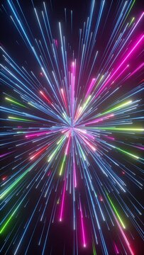3d vertical video, abstract cosmic background with colorful firework, glowing lines, laser rays and falling stars. Big bang concept