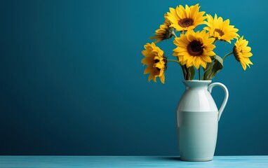 yellow sunflower bouquet in white porcelain vase with blue wall, complimentary color blue yellow  contrast, Generative Ai