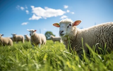 Obraz premium Sheep grazing on a lush green field
