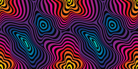 Vector fluid curved lines seamless pattern. Abstract striped background, dynamical ripple surface, 3D visual effect, illusion of movement, flow, lava. Retro 1980s - 1990s fashion style, neon colors