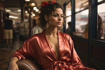 Contemplative Woman in Red Satin Robe