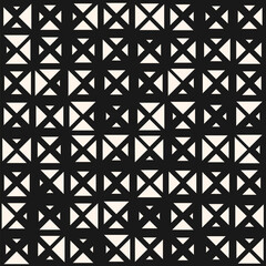 Monochrome vector seamless pattern with small triangles. Stylish black and white background with halftone effect, randomly scattered shapes, grid. Simple elegant minimal texture. Repeat modern design