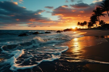 Tropical Beach Sunset with Palm Trees - Serenity, natural beauty, concept of paradise and peaceful escape.