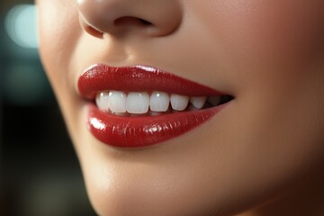 Close-up of Woman's Smile with Red Lipstick - Confidence, allure, concept of beauty and dental care.