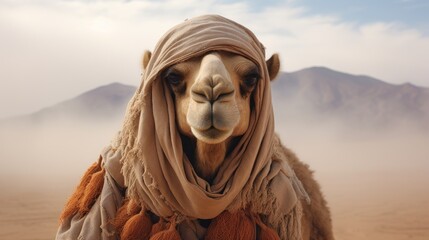  a close up of a camel with a blanket on it's head and a desert landscape in the background.