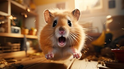 Shocked hamster with big eyes in the room,  Generative AI - obrazy, fototapety, plakaty