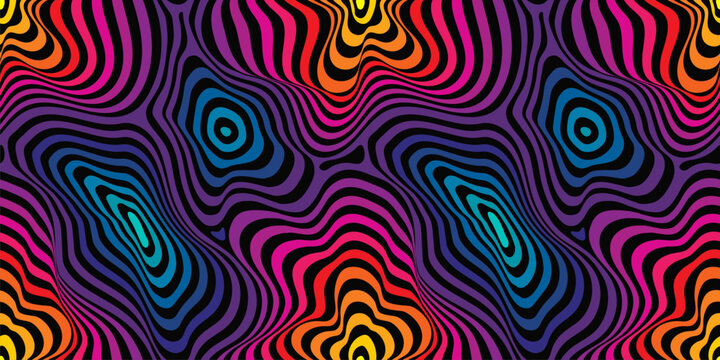 Vector fluid curved lines seamless pattern. Abstract striped background, dynamical ripple surface, 3D visual effect, illusion of movement, flow, lava. Retro 1980s - 1990s fashion style, neon colors