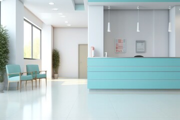 Medical waiting room with reception desk in dental clinic. Empty waiting room in lobby with reception desk in medical facility - obrazy, fototapety, plakaty