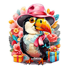 Sticker isolated cute cartoon toucan wearing a pink hat with gift boxes on nature background. Transparent background. Generative AI