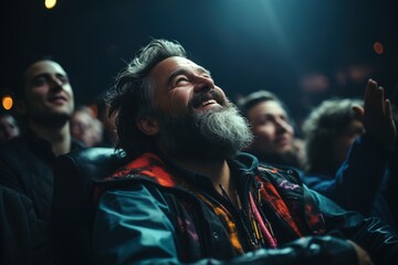 Joy in the Audience - A bearded man laughing heartily in a movie theater, capturing the infectious joy and shared human experience of entertainment.