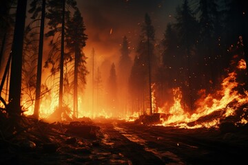 Devastating Wildfire - A fierce wildfire engulfs a forest, a powerful representation of nature's fury and the urgency of environmental challenges.