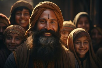 Joyful Gathering - A bearded man with a turban smiles warmly surrounded by happy children, radiating joy, unity, and a sense of community.