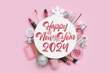 Greeting card for Happy New Year 2024 with makeup cosmetics