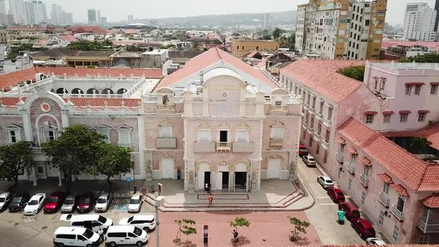 Cartagena, Colombia. Drone Shot of Teatro Heredia in The old town of Cartagena. High quality 4k footage.