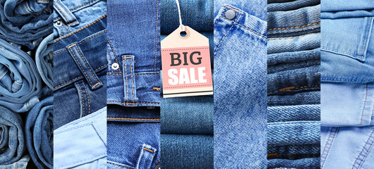 Collage of stylish jeans clothes with shopping tag, closeup