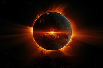 Cosmic Eclipse Drama: A solar eclipse casting fiery flares over a planet, symbolizing cosmic events and astronomical wonders.