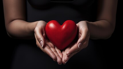  a woman's hands holding a red heart in the middle of her hands, against a black background, with a black background.