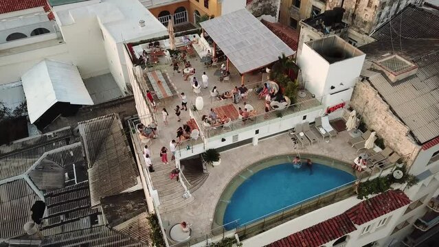Cartagena, Colombia. Drone Shot of The rooftop bar in the old town of Cartagena, Colombia, Latin America. Aerial shot of the beautiful Cartagena city. High quality 4k footage. 