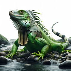 Obraz premium Big green iguana lizard on the bank of the stream in the jungle.